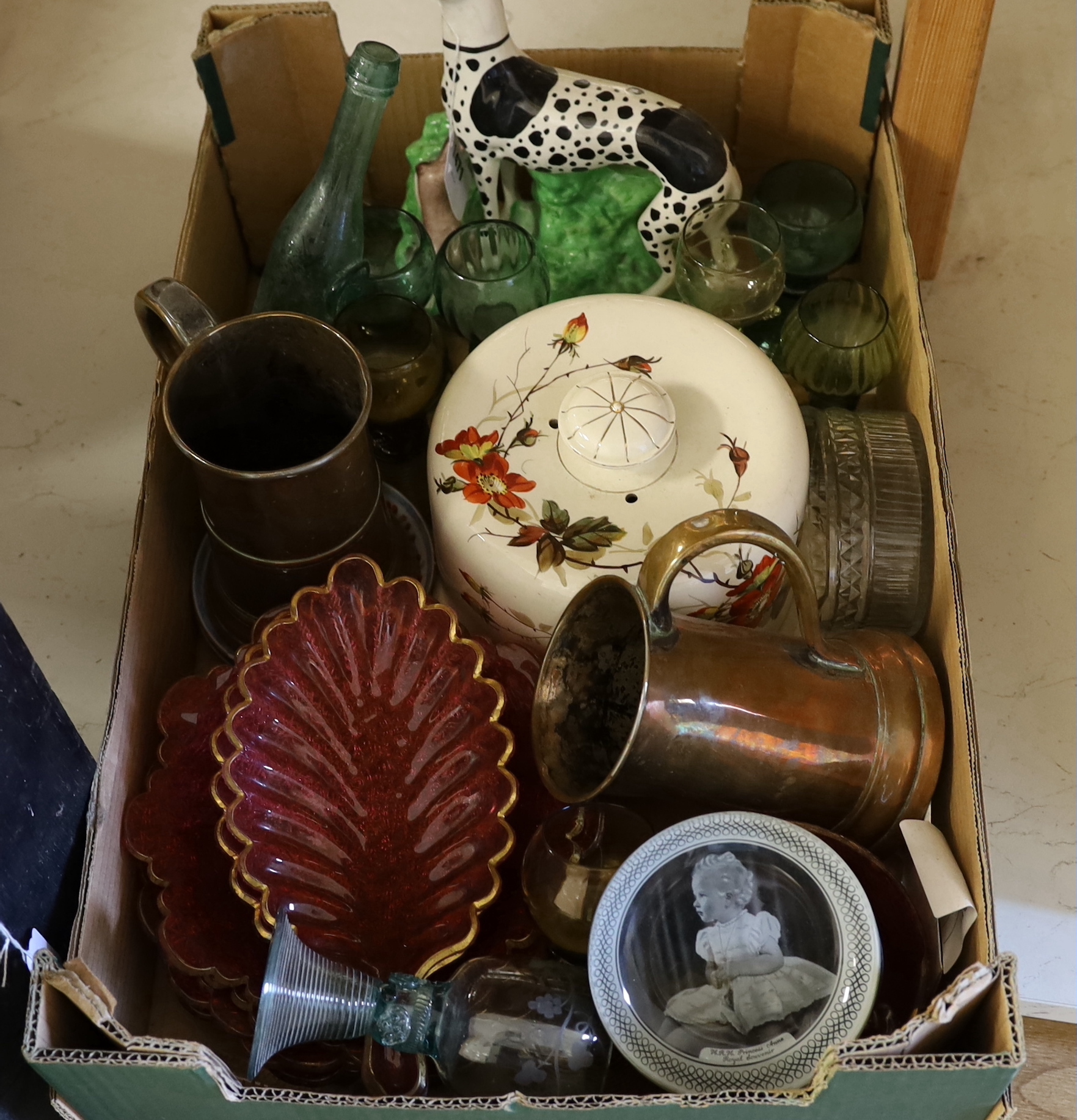 Collection of German hock glasses, cranberry glass, Staffordshire greyhound, a Stilton dish and two copper tankards etc, the largest 18cm high